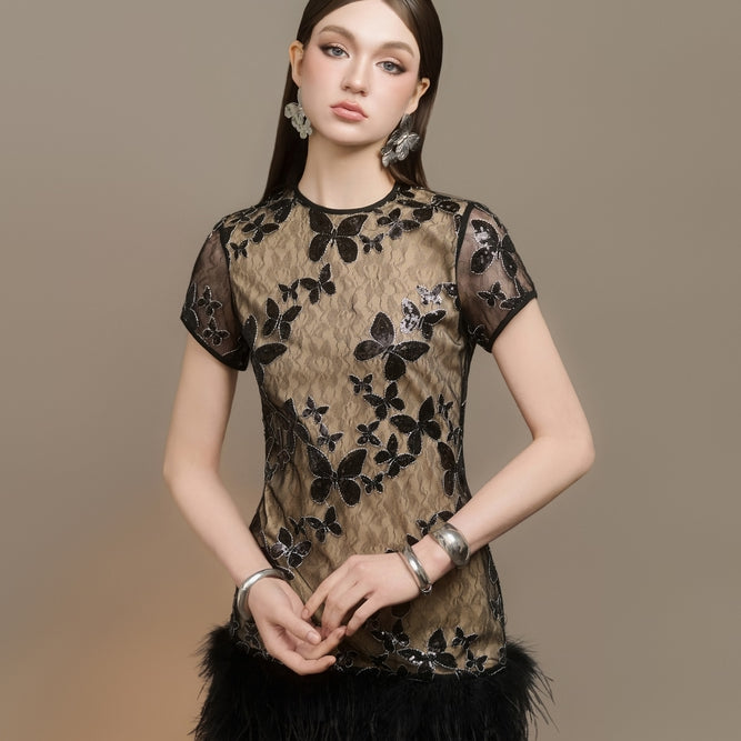 Orlyn Sheath Round Neck Tulle Mini Dress