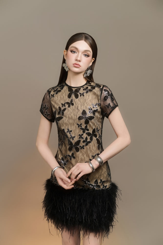 Orlyn Sheath Round Neck Tulle Mini Dress