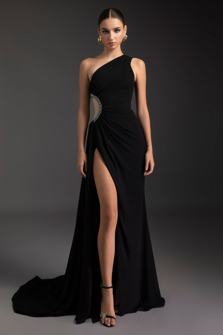 Obsidian One Shoulder Rhinestone Maxi Dress - MEAN BLVD
