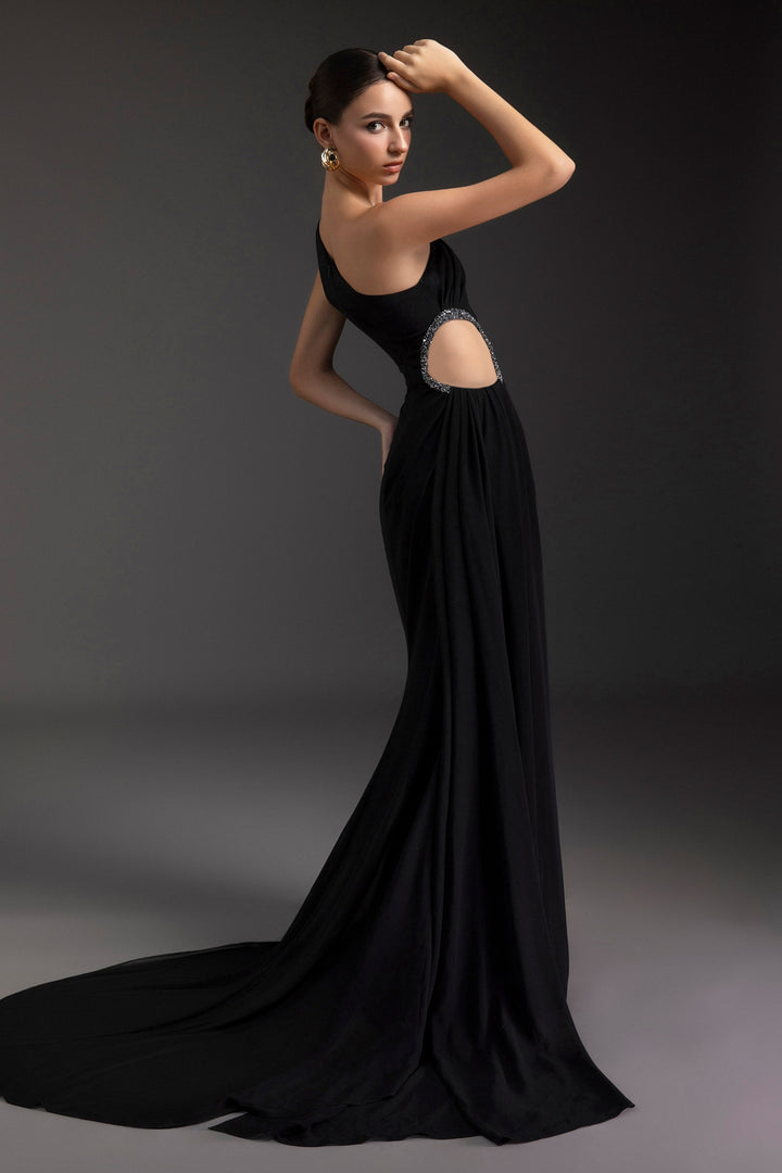 Obsidian One Shoulder Rhinestone Maxi Dress - MEAN BLVD