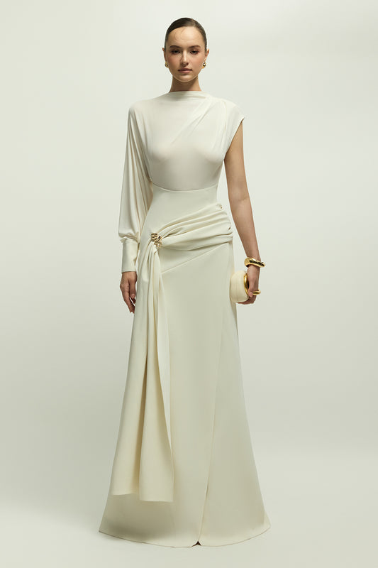 Orlean Asymmetric Sleeve Draped Maxi Dress - MEAN BLVD