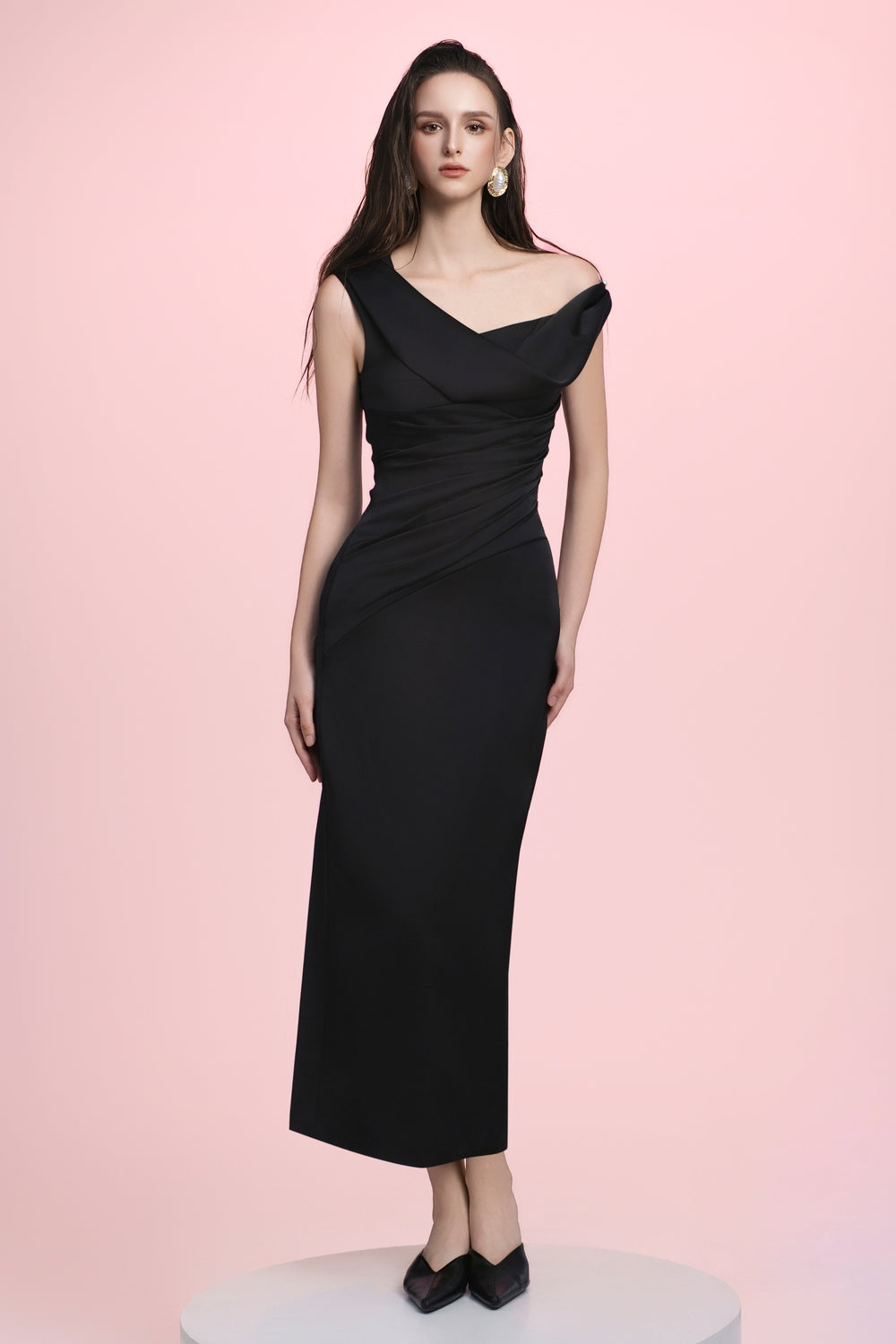 Ottavia Sheath Asymmetric Shoulder Poly Silk Midi Dress