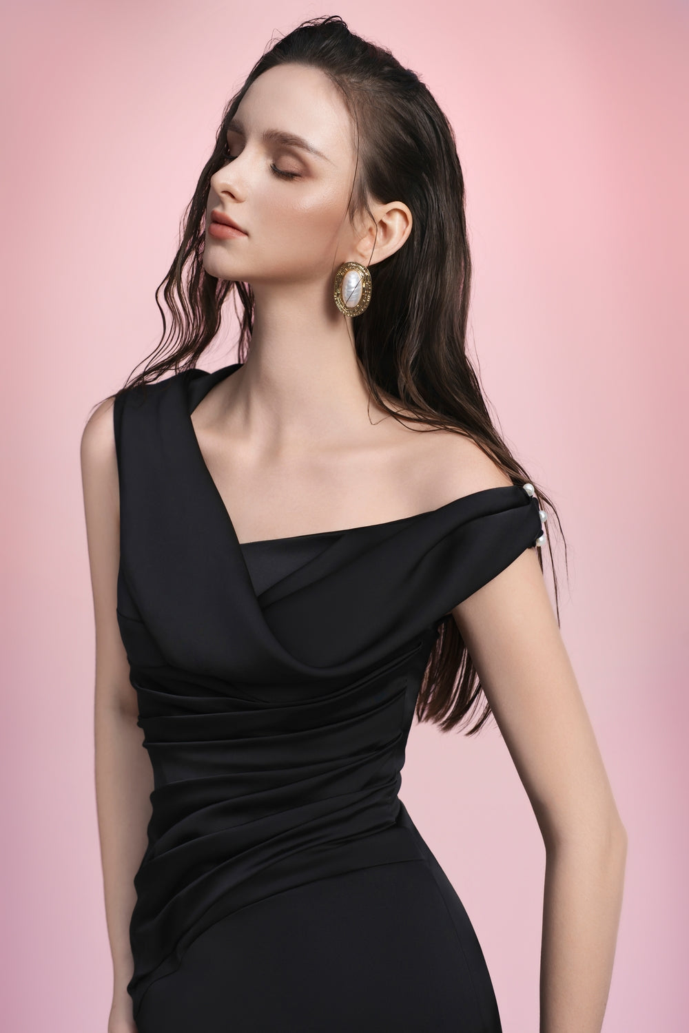 Ottavia Sheath Asymmetric Shoulder Poly Silk Midi Dress