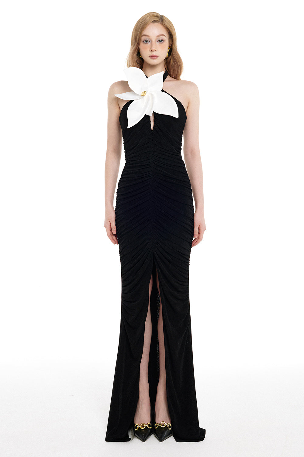 Audrey Gathered Halter Neck Double Knit Floor Length Dress