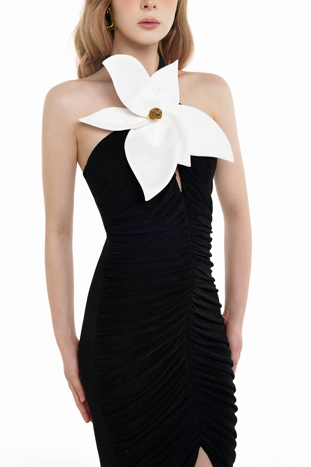 Audrey Gathered Halter Neck Double Knit Floor Length Dress