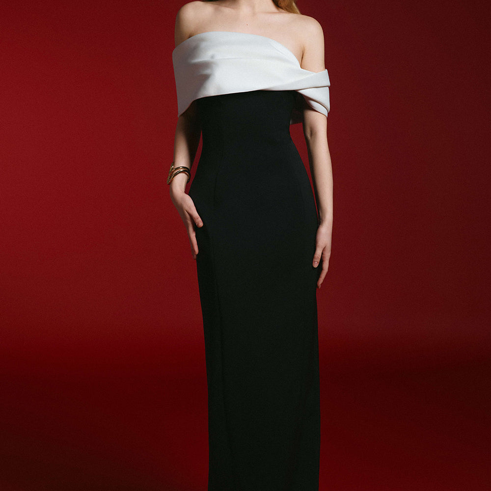 Kelly Sheath Off-Shoulder Twill Floor Length Dress