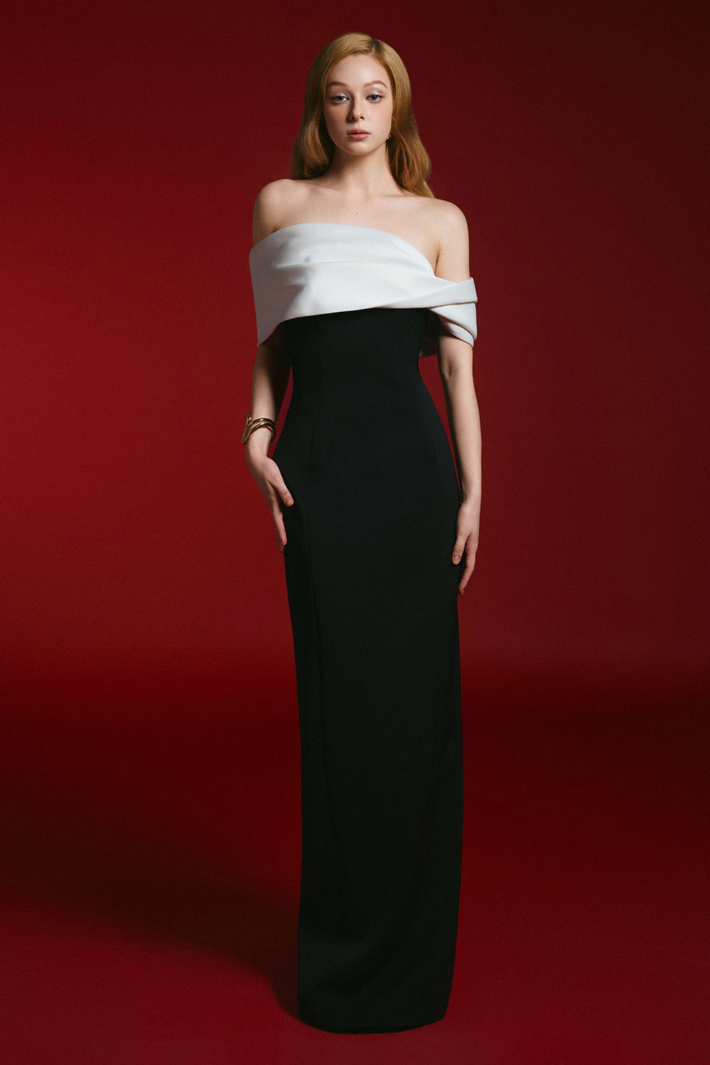 Kelly Sheath Off-Shoulder Twill Floor Length Dress