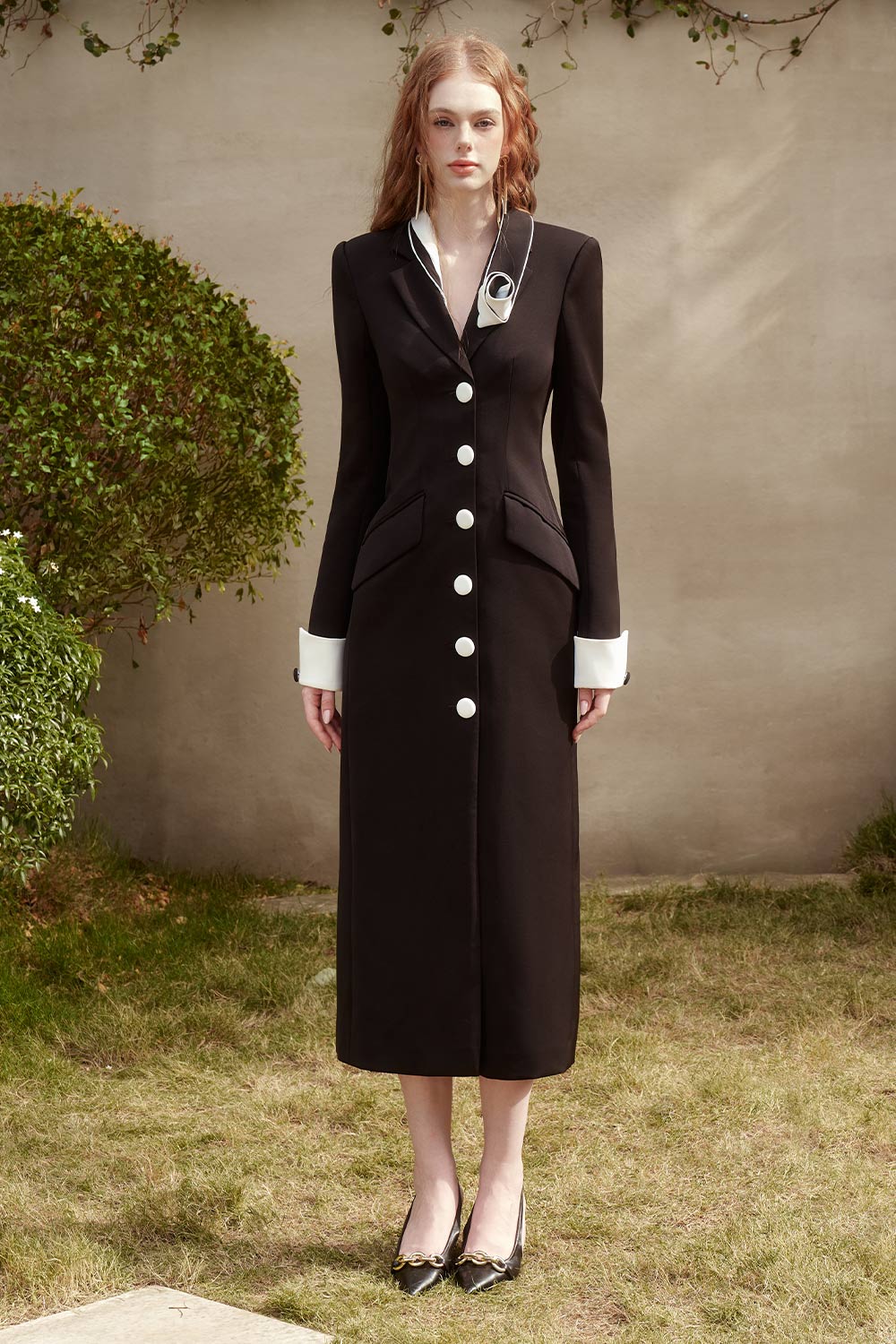 Hebe Sheath Single Breasted Twill Midi Dress