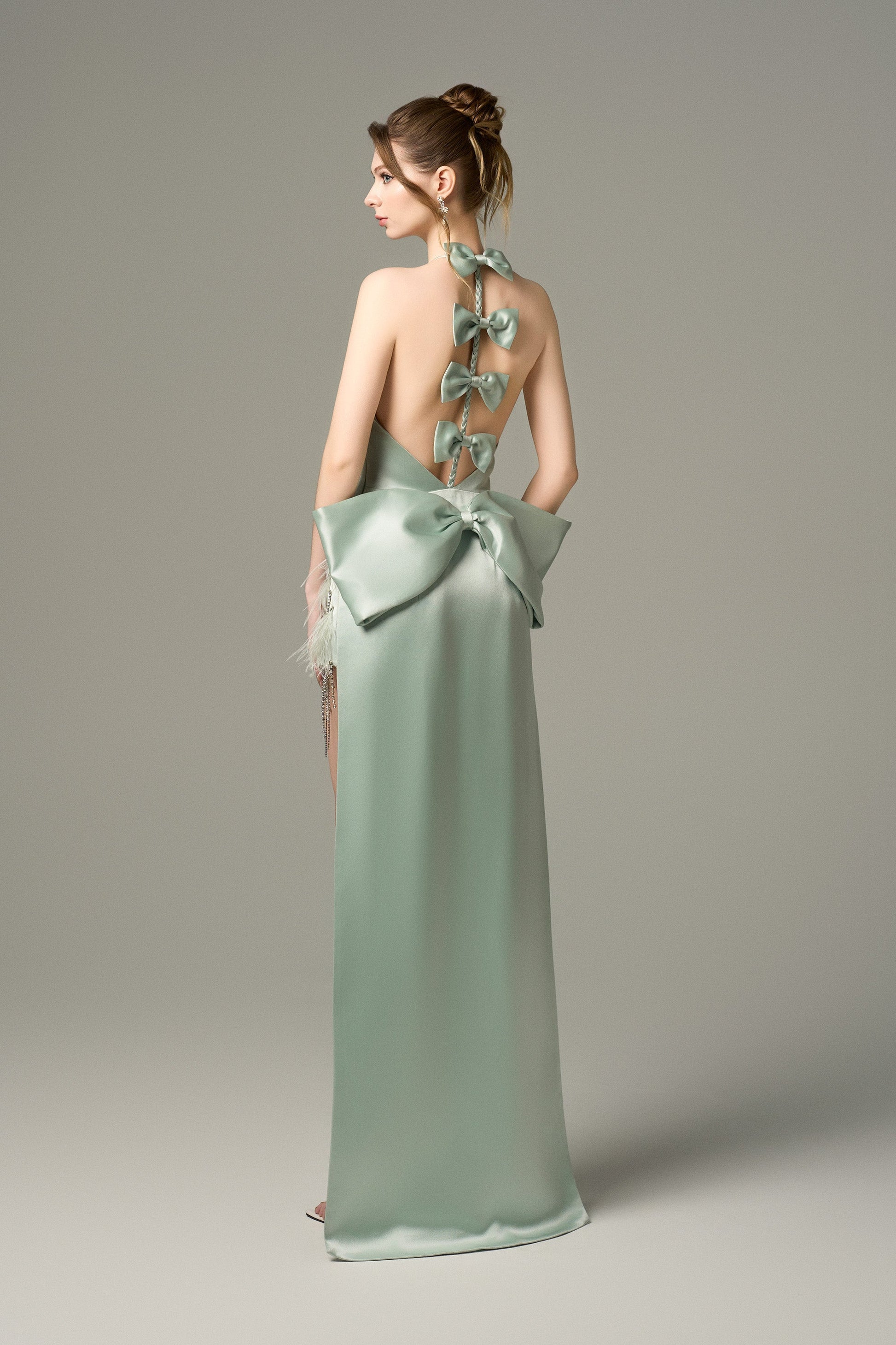 Effortless Halter Silk Crystal-Embellished Mini Dress With Oversized Bow Back 3