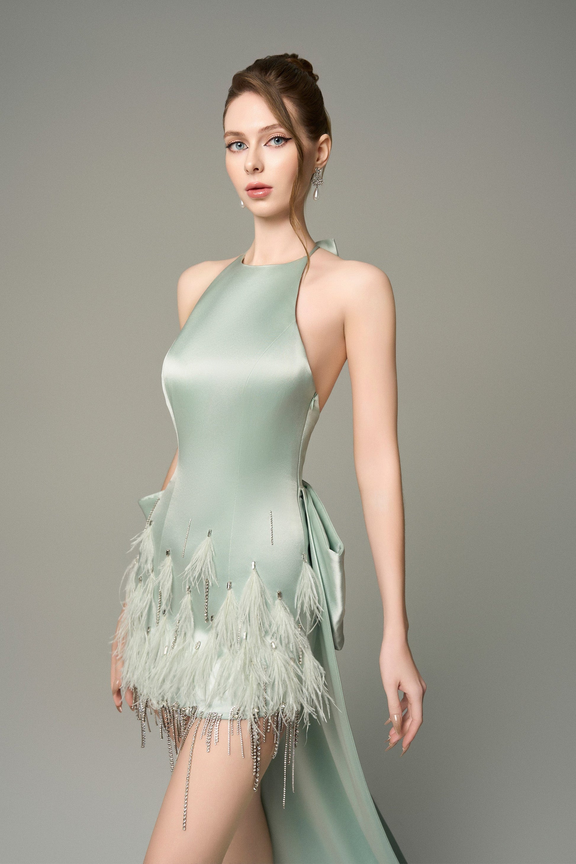 Effortless Halter Silk Crystal-Embellished Mini Dress With Oversized Bow Back 4
