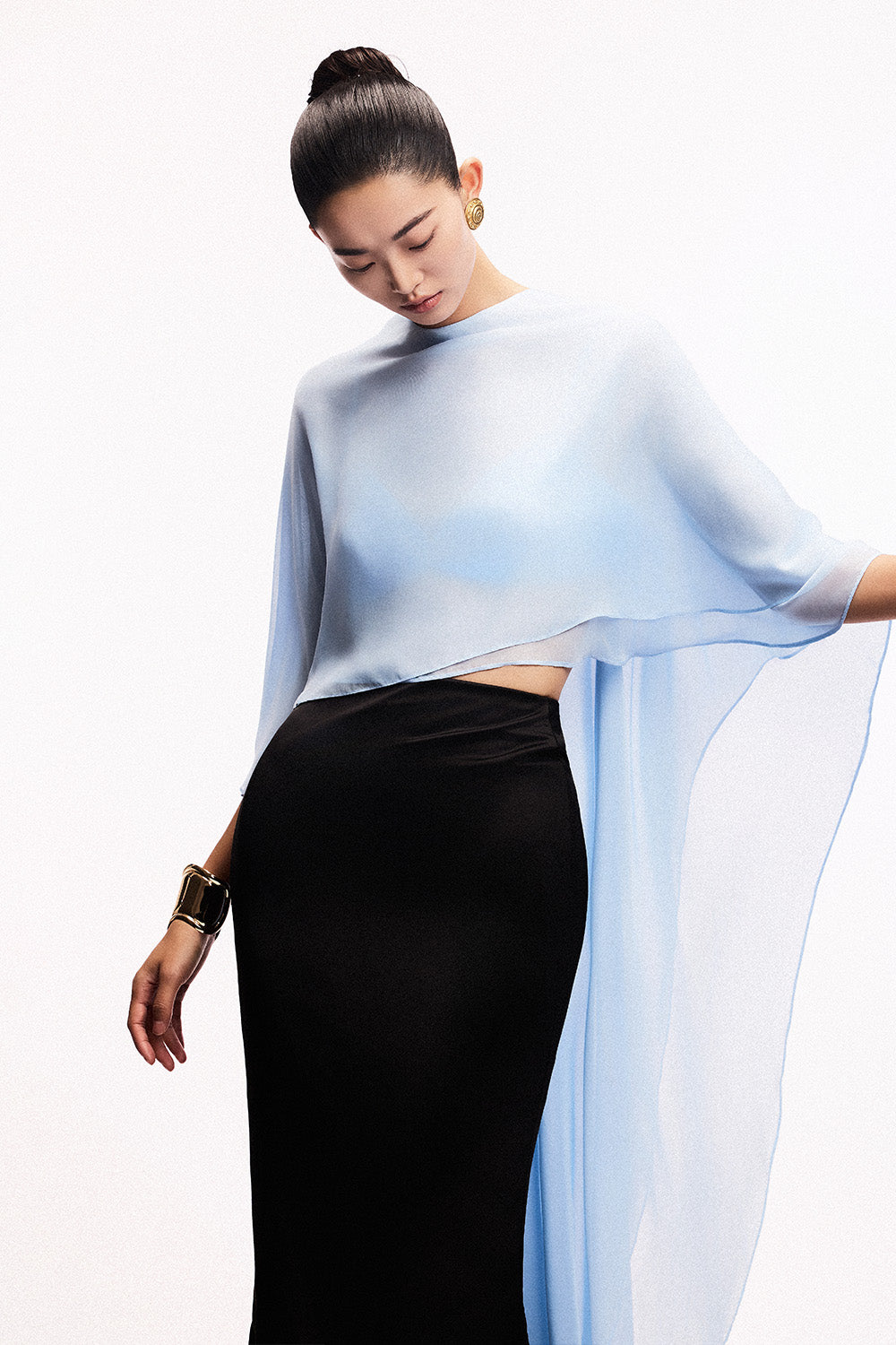 Flowy Trapezoid Cape Sleeved Chiffon Crop Top