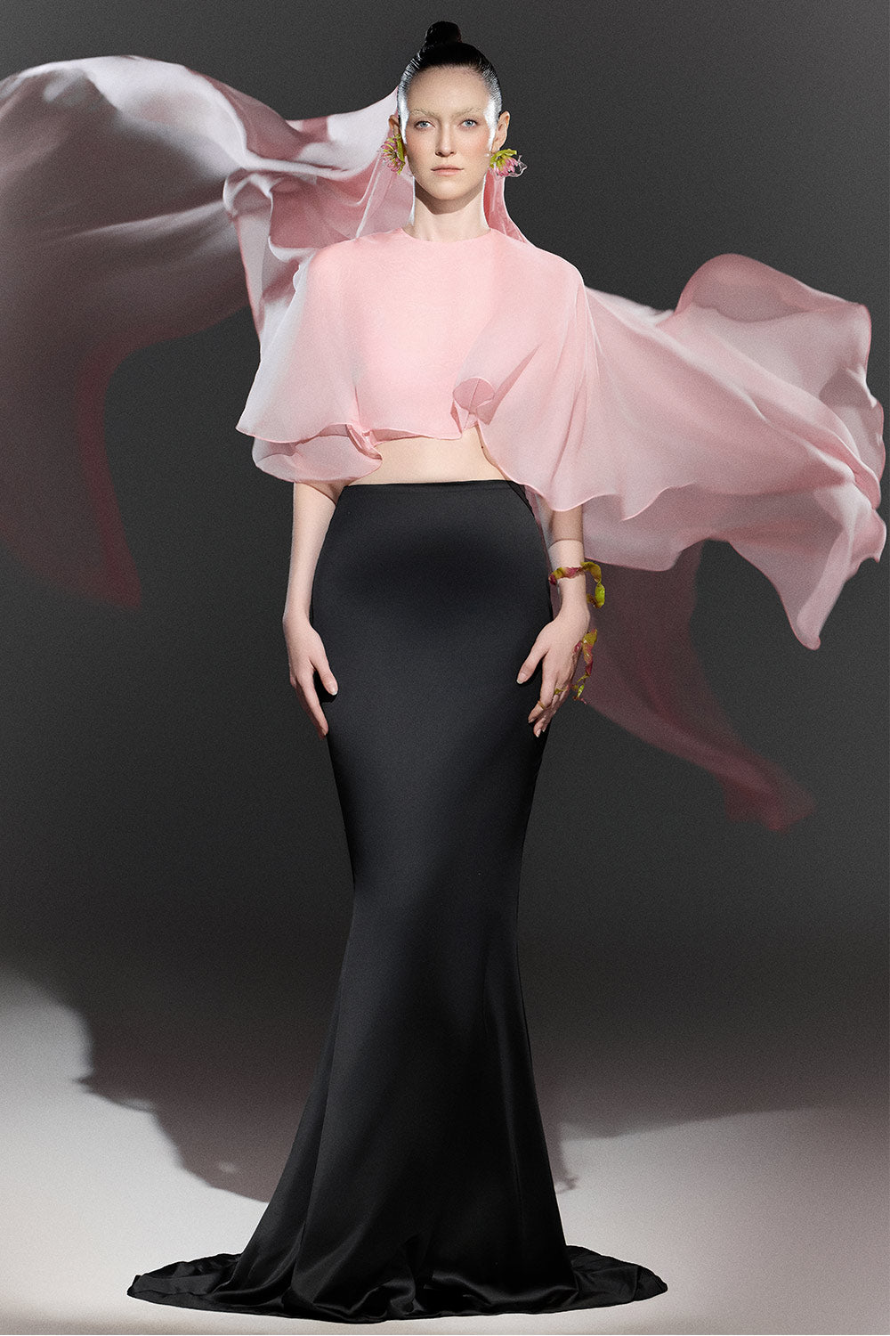 Flowy Trapezoid Cape Sleeved Chiffon Crop Top