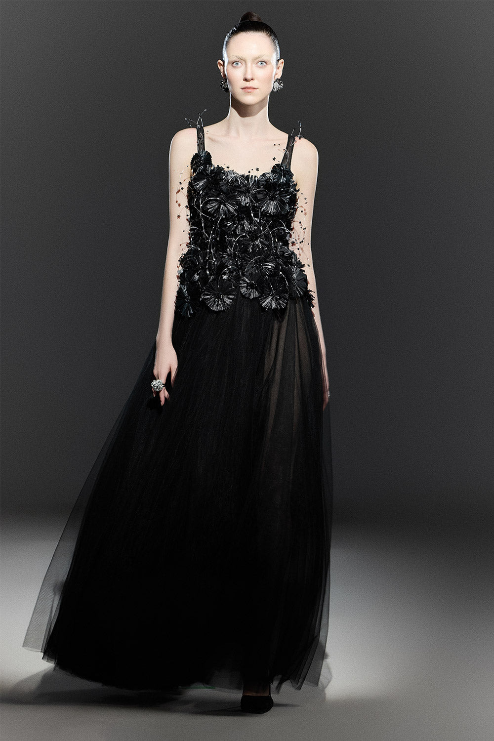 Black Bloom A-line Flower Applique Tulle Maxi Dress Black / XS