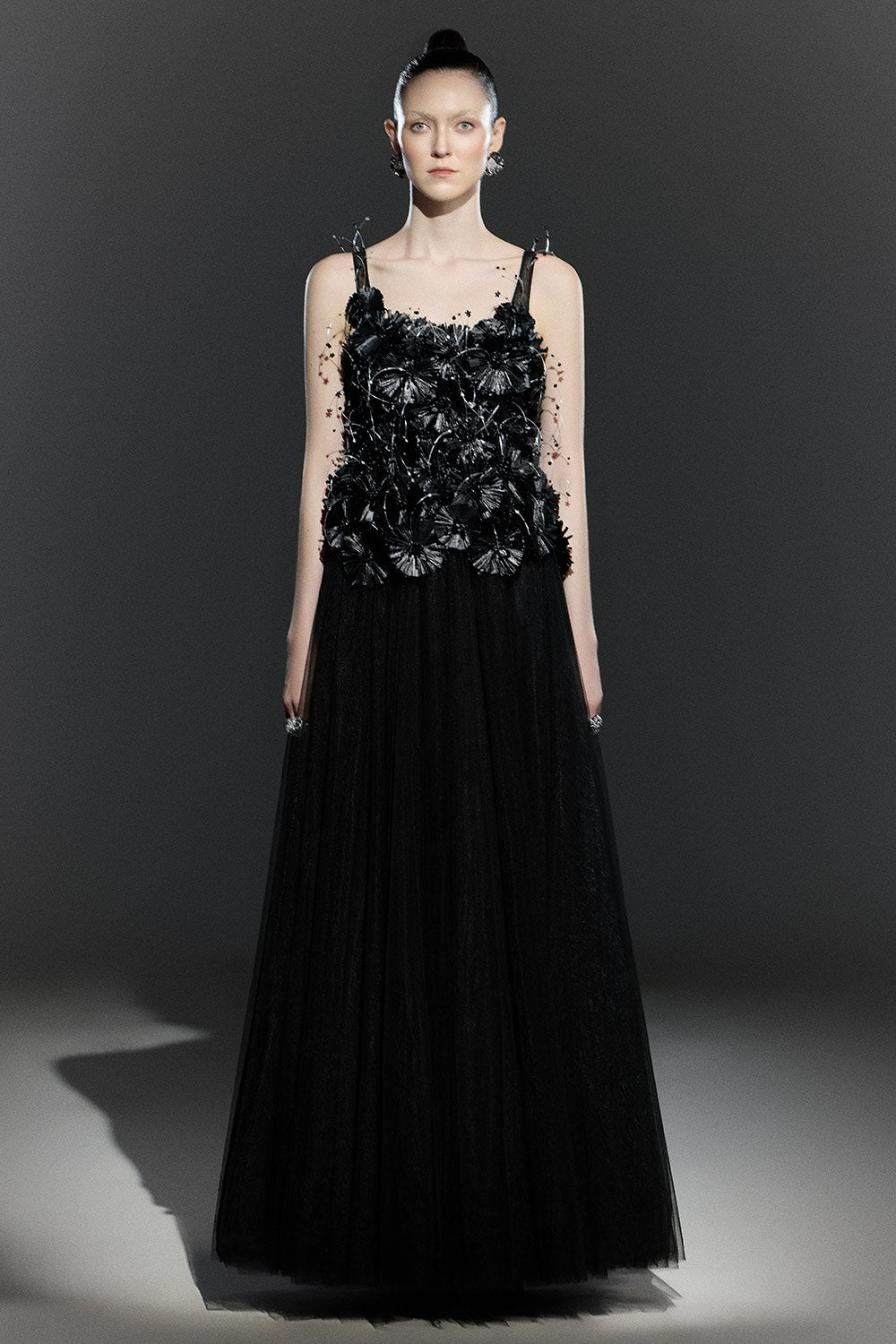 Black Bloom A-line Flower Applique Tulle Maxi Dress