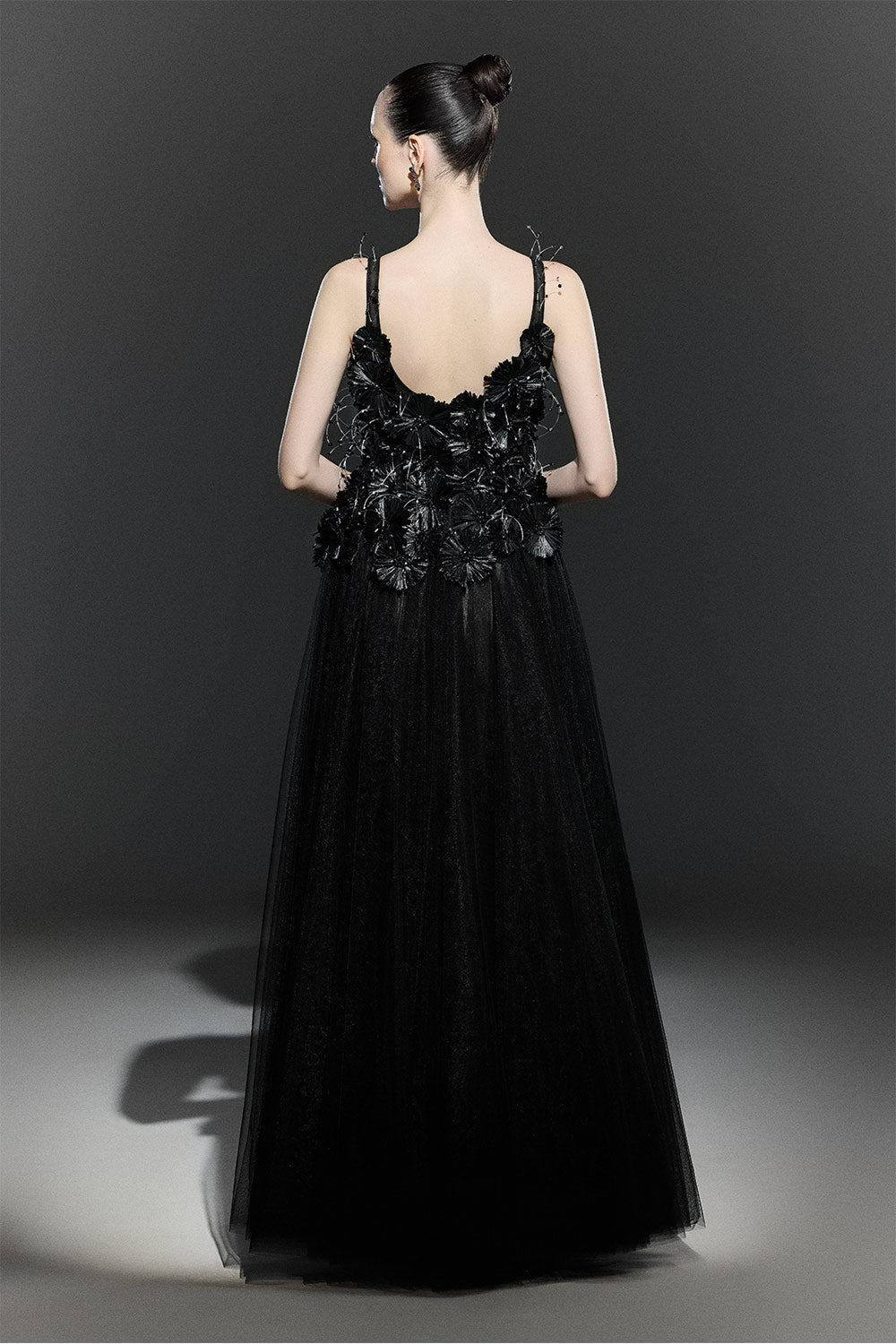 Black Bloom A-line Flower Applique Tulle Maxi Dress