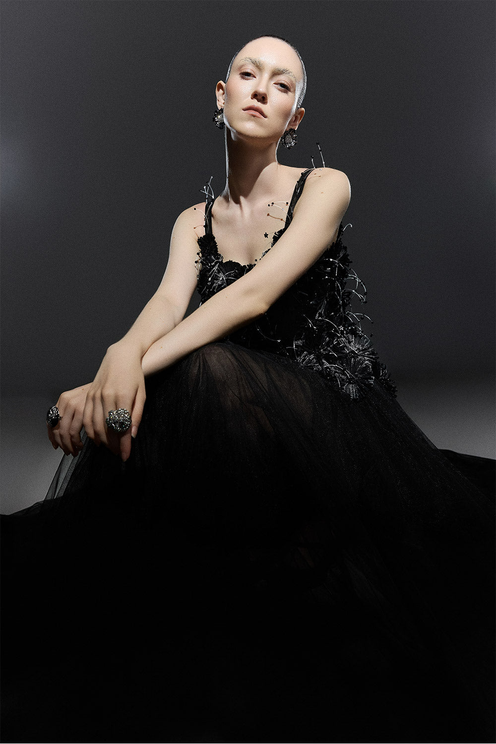 Black Bloom A-line Flower Applique Tulle Maxi Dress