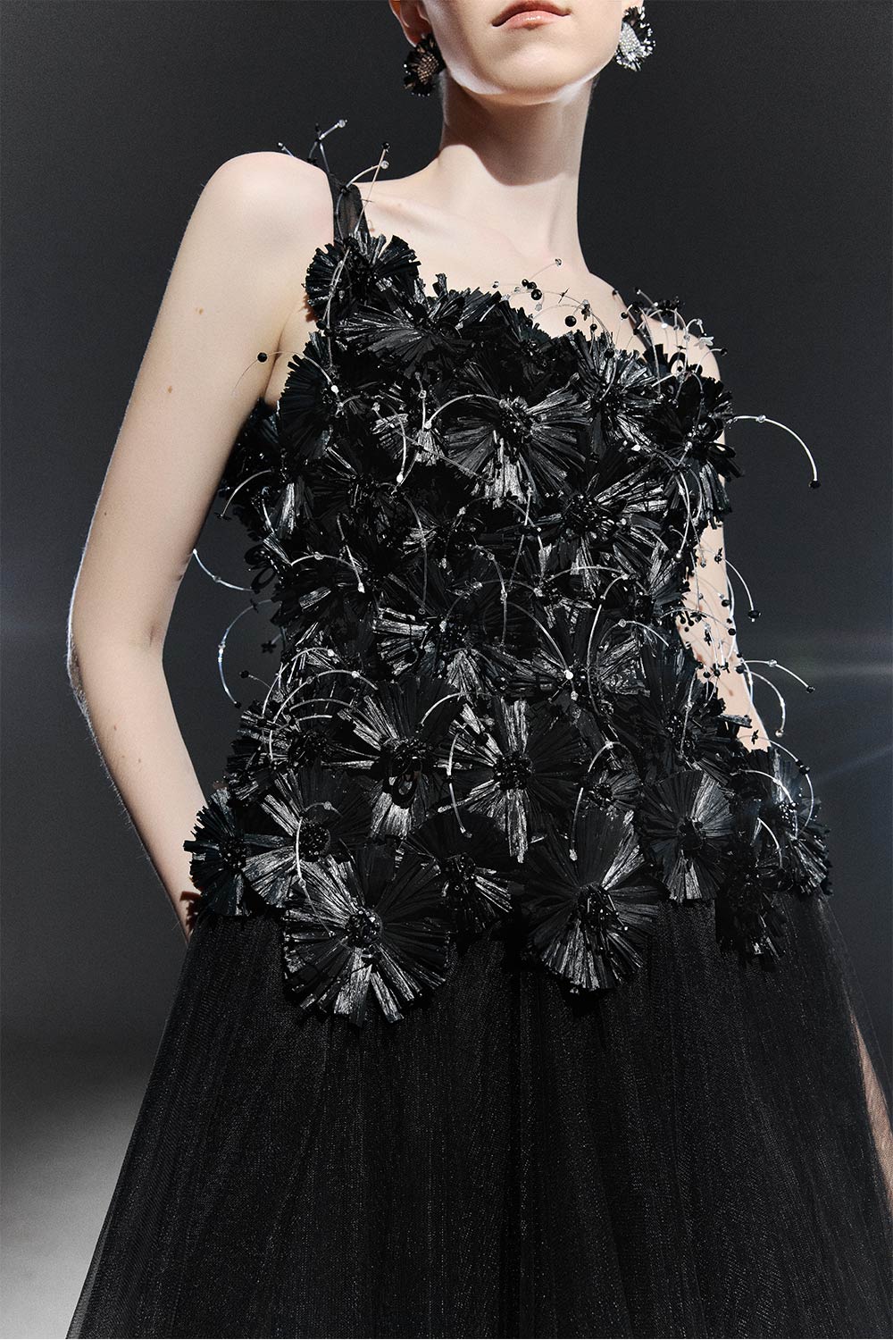 Black Bloom A-line Flower Applique Tulle Maxi Dress