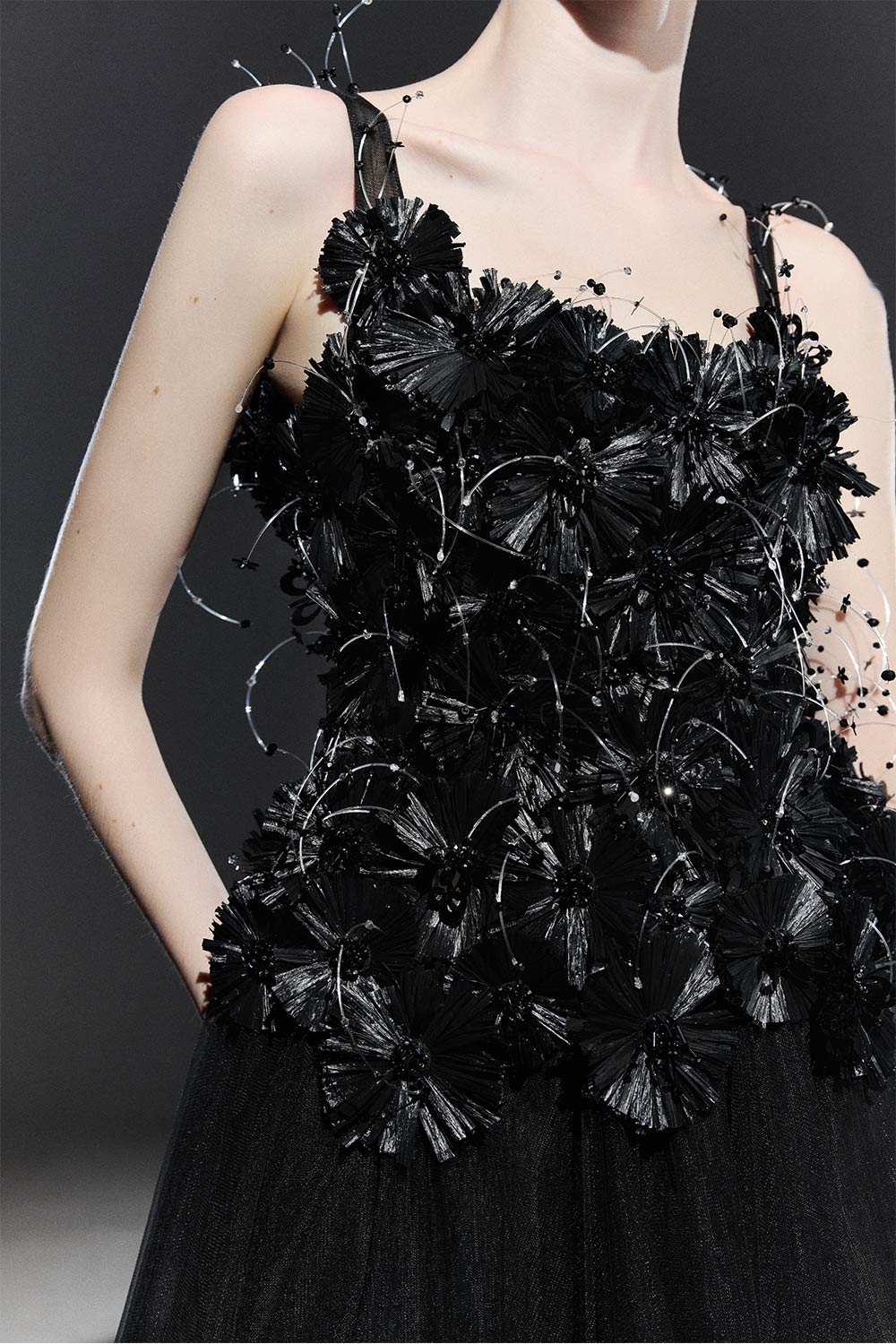 Black Bloom A-line Flower Applique Tulle Maxi Dress