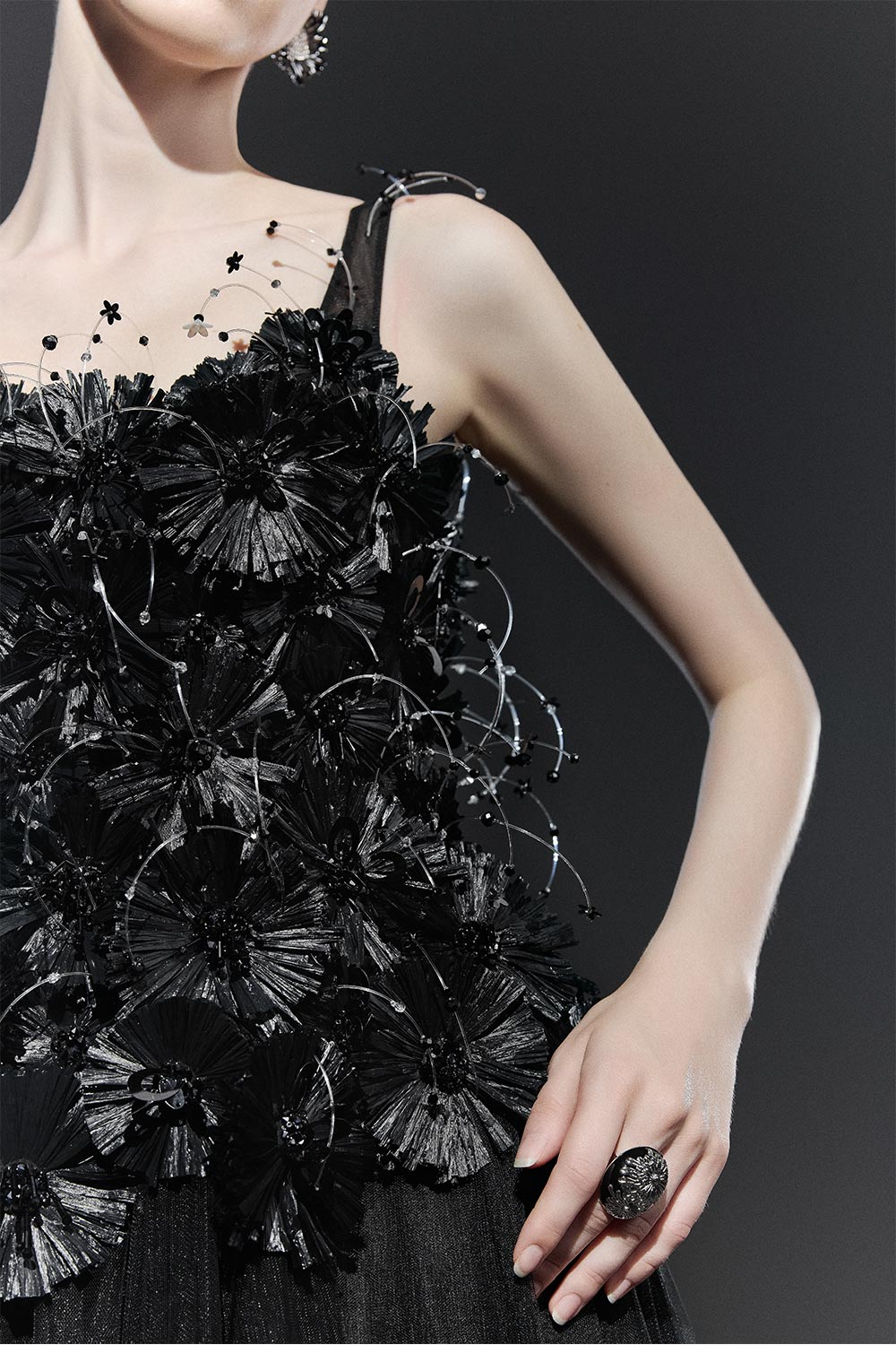 Black Bloom A-line Flower Applique Tulle Maxi Dress