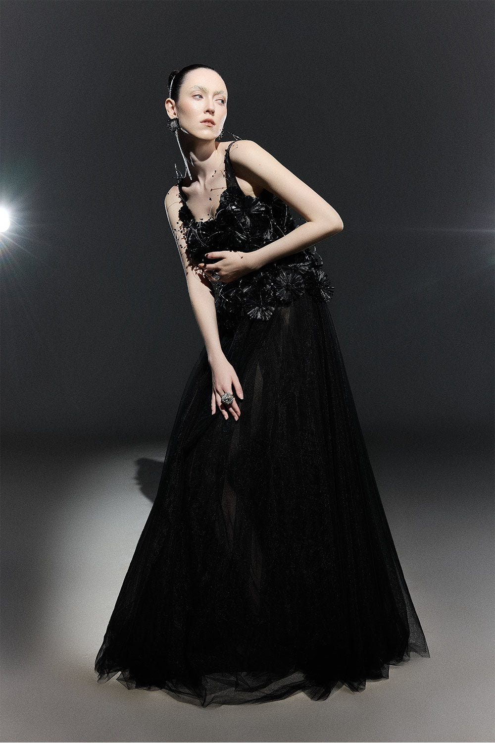 Black Bloom A-line Flower Applique Tulle Maxi Dress