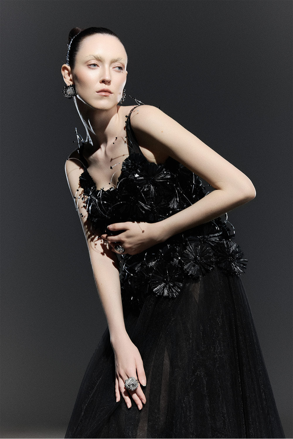 Black Bloom A-line Flower Applique Tulle Maxi Dress