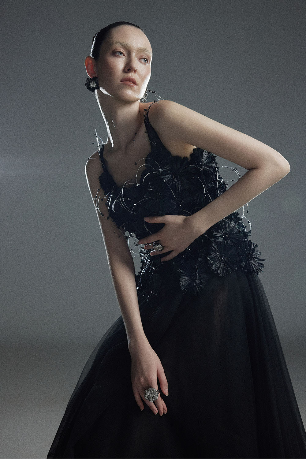 Black Bloom A-line Flower Applique Tulle Maxi Dress