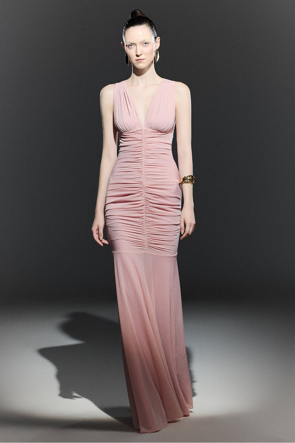 strapless open back dress Bevelia Flutter Sleeve Pleated Maxi Dress In Nude Pink – The Design Closets main image 0