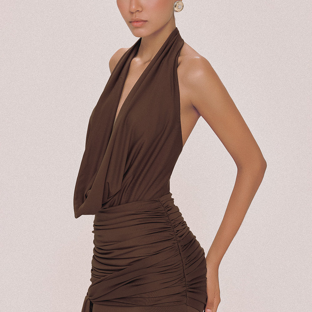 Women's Venus Mermaid Halter Neck Spandex Maxi Dress XS/S/M/L/XL/Customize Dark Brown MEAN BLVD Women's Venus Mermaid Halter Neck Spandex Maxi Dress XS/S/M/L/XL/Customize Dark Brown MEAN BLVD