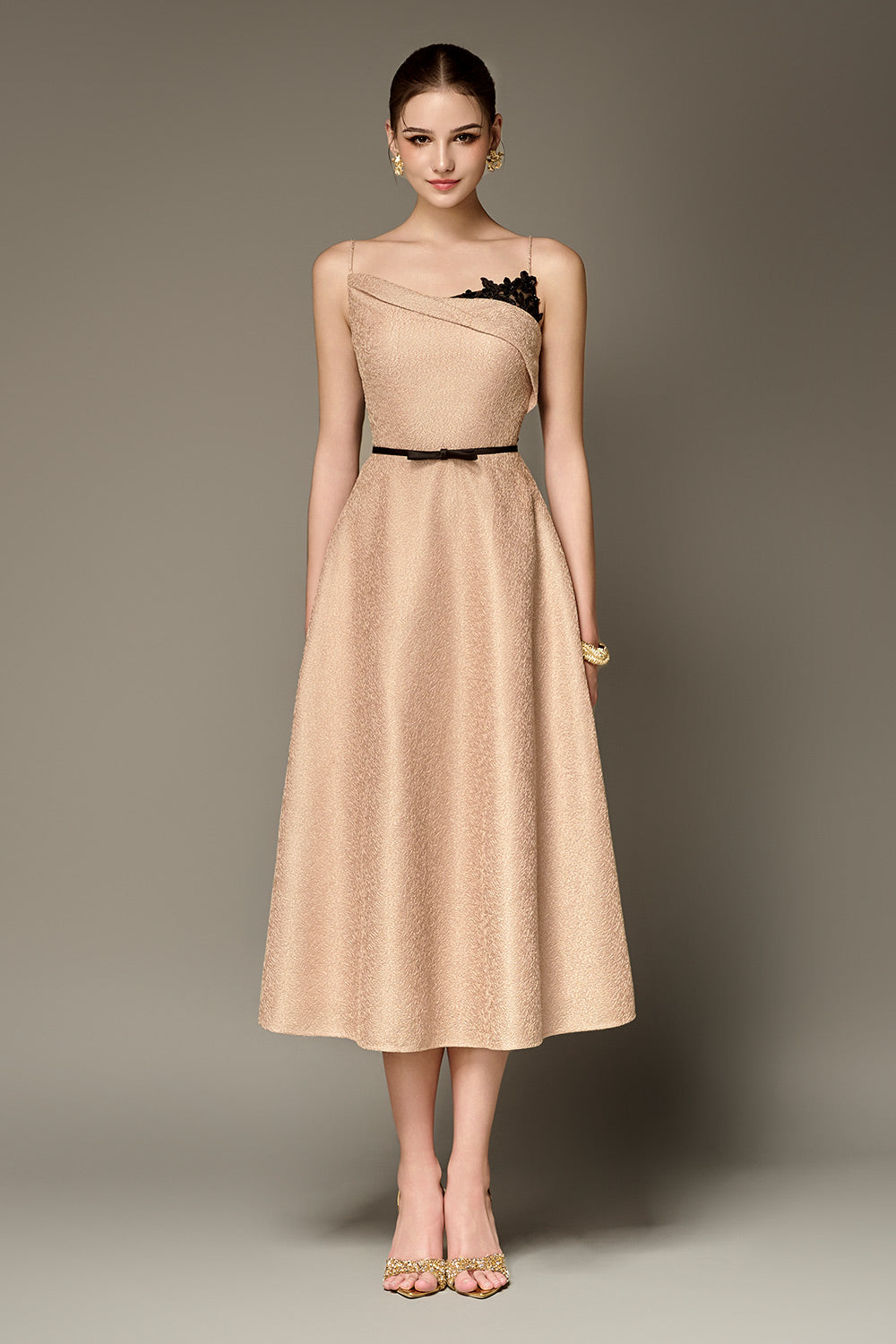 Phoenix A-line Spaghetti Strap Taffeta Calf Length Dress Yellow Beige / M