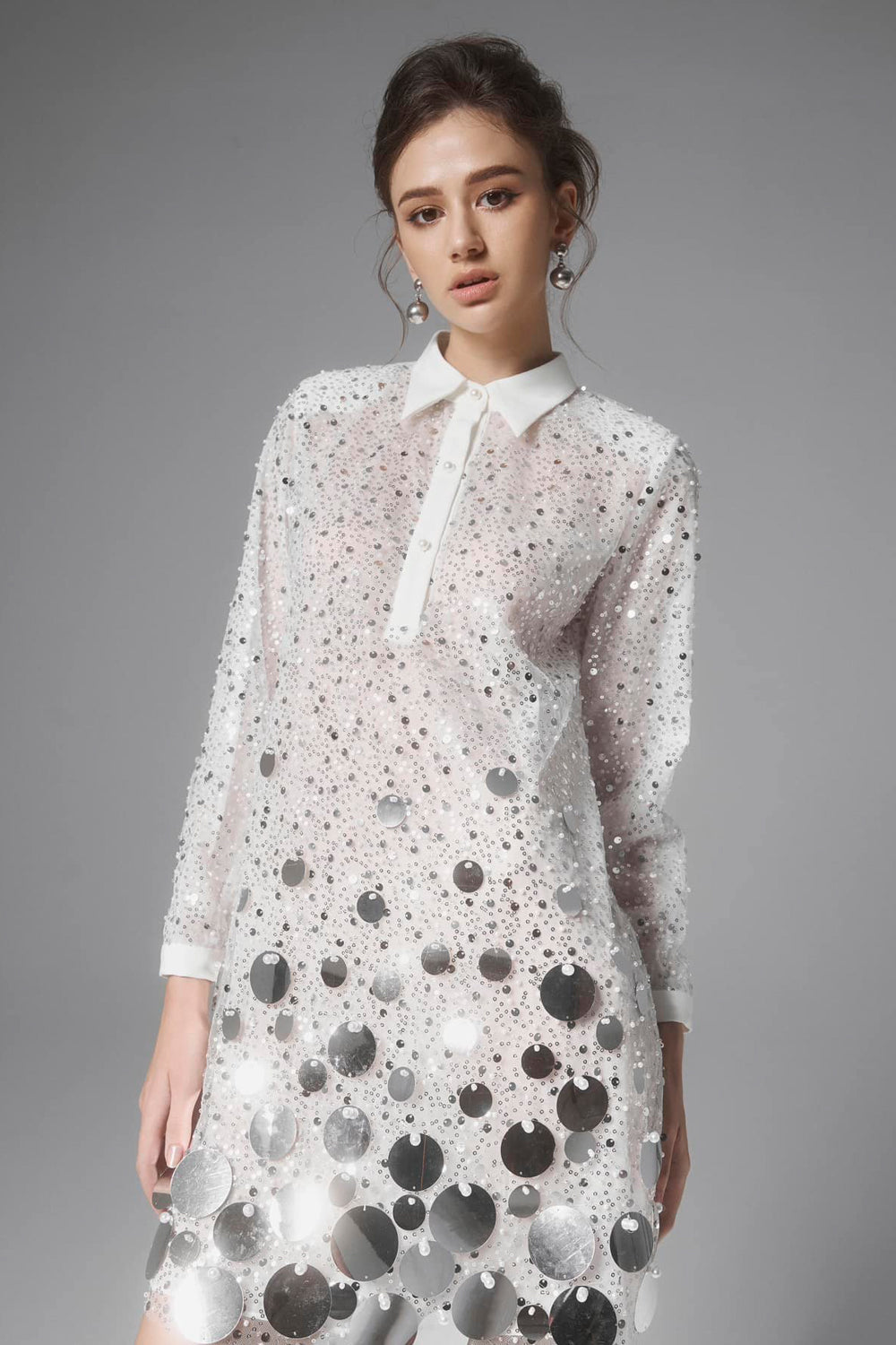 collared sequin dress Women's Pingpong Trapezoid Collared Neck Sequin Mini Dress S/M/L/Customize White MEAN BLVD White / Customize