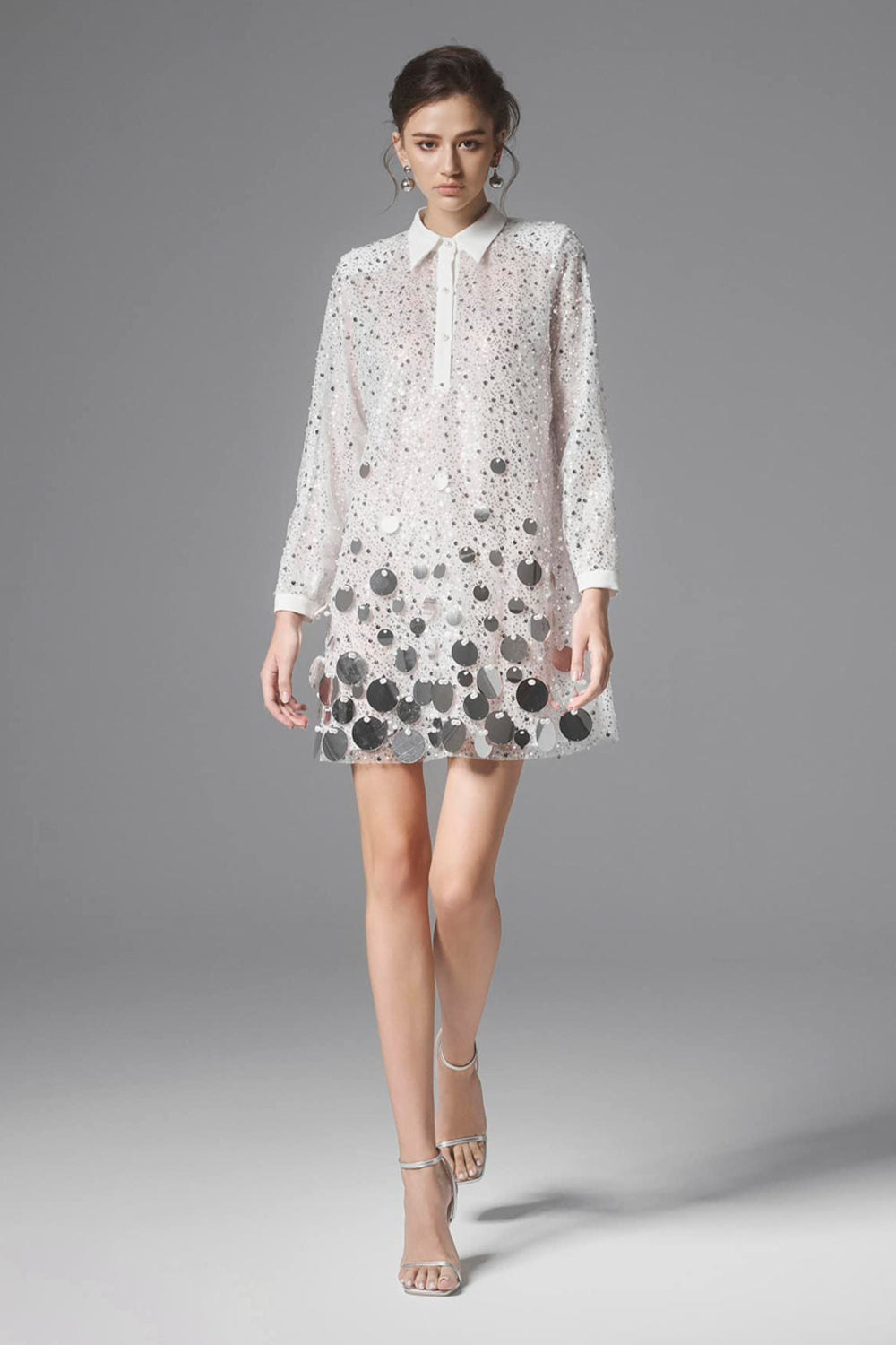 collared sequin dress Women's Pingpong Trapezoid Collared Neck Sequin Mini Dress S/M/L/Customize White MEAN BLVD White / Customize
