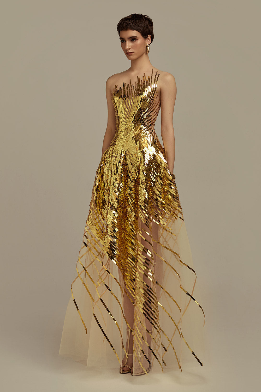 a line gold dress Lustre A-Line Illusion Neck Mesh Floor Length / L Size:US 26 W This dress features a WOMENS Sabrina High Quality Satin