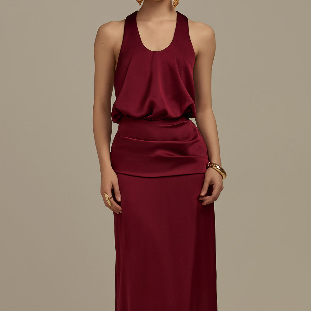 Hesperus Blouson Scoop Neck Silk Floor Length Dress