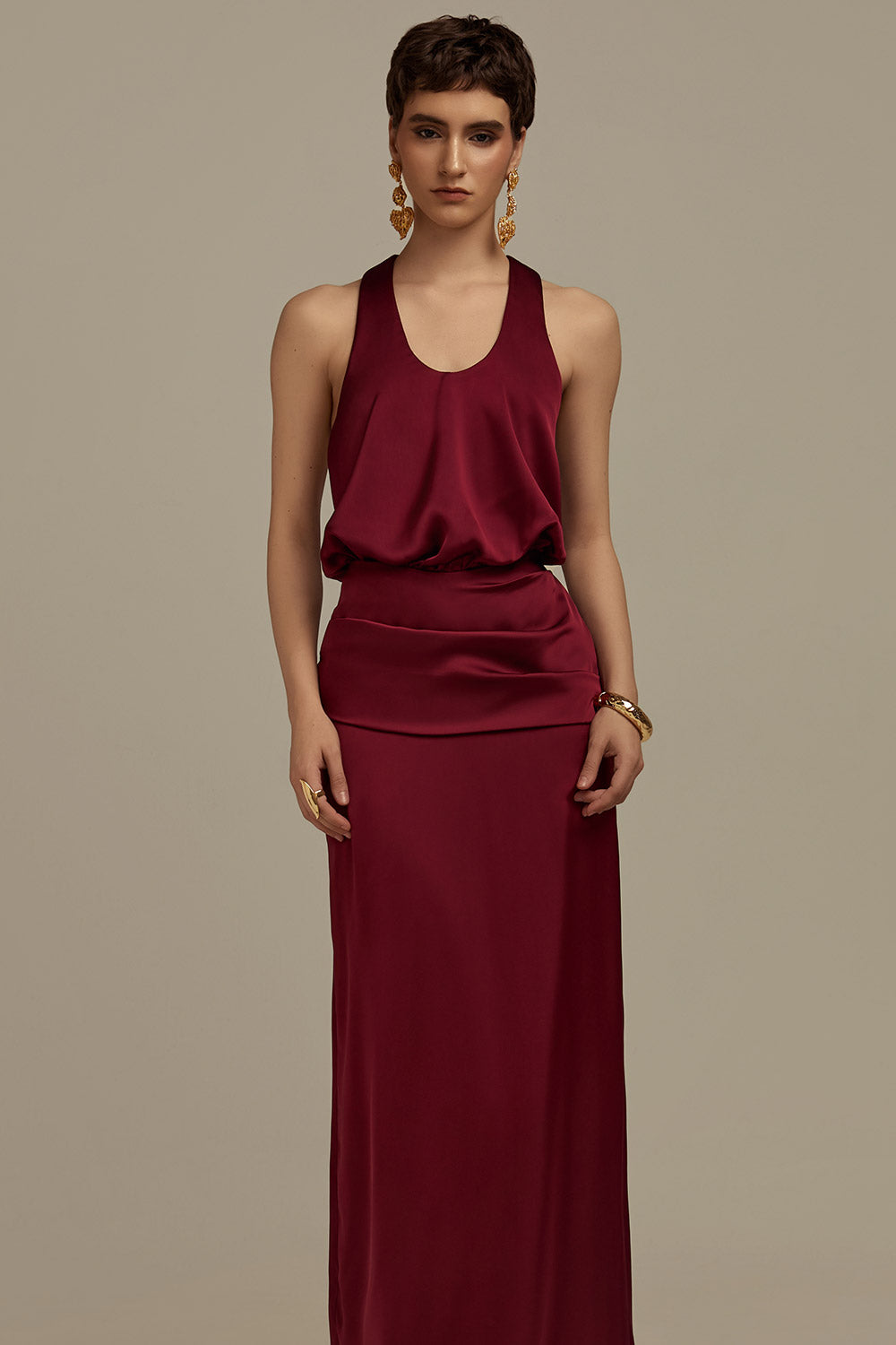 Hesperus Blouson Scoop Neck Silk Floor Length Dress