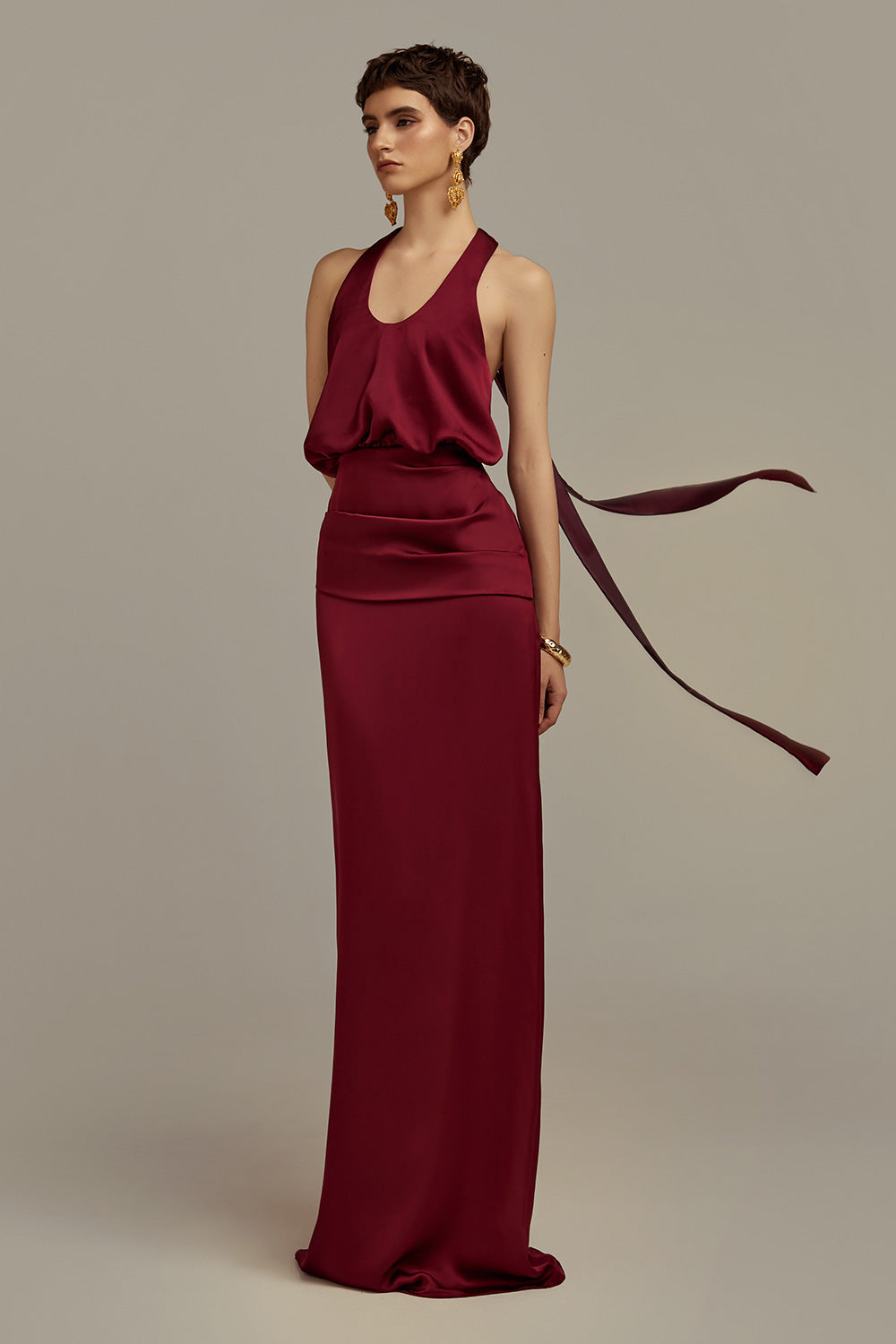 Hesperus Blouson Scoop Neck Silk Floor Length Dress