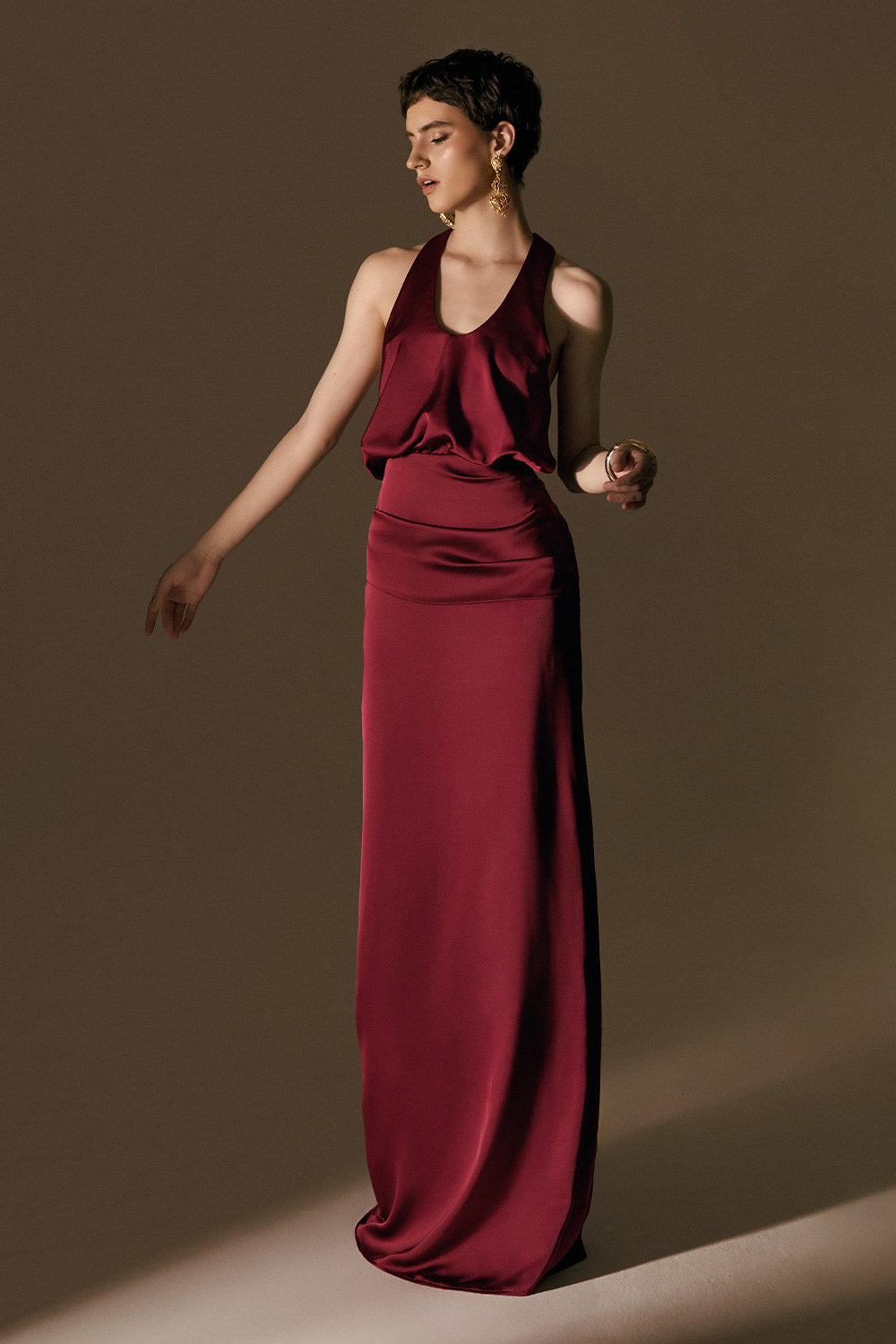 Hesperus Blouson Scoop Neck Silk Floor Length Dress