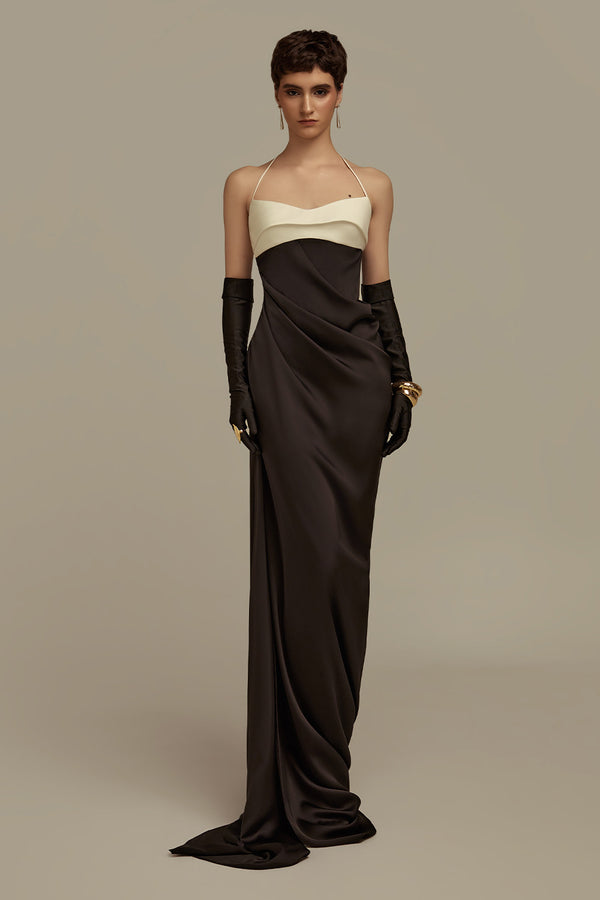 Nyx Sheath Halter Neck Silk Floor Length Dress