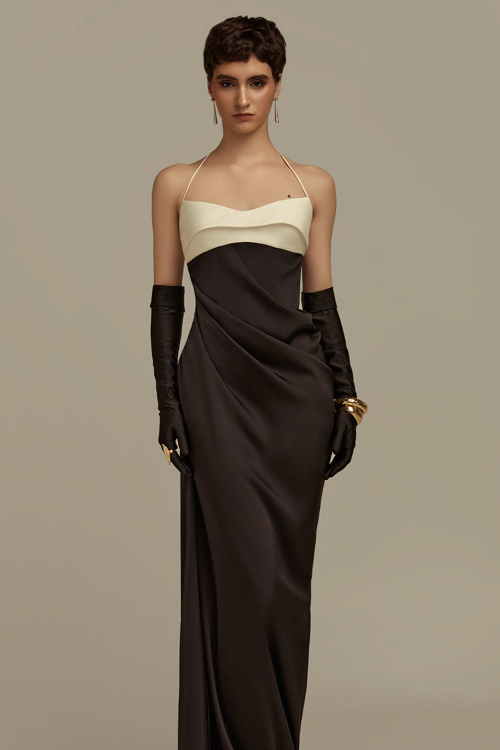 Nyx Sheath Halter Neck Silk Floor Length Dress