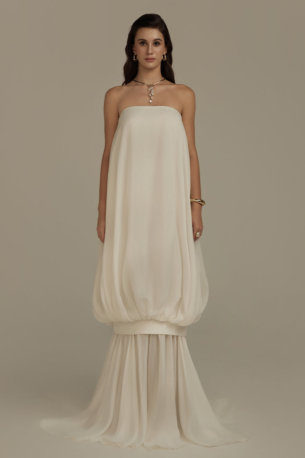 Mirth Drop Waist Straight Across Neck Organza Maxi Dress