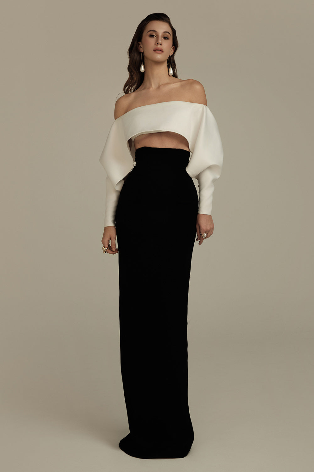 Evelora Sheath Off-Shoulder Silk Crepe Maxi Set