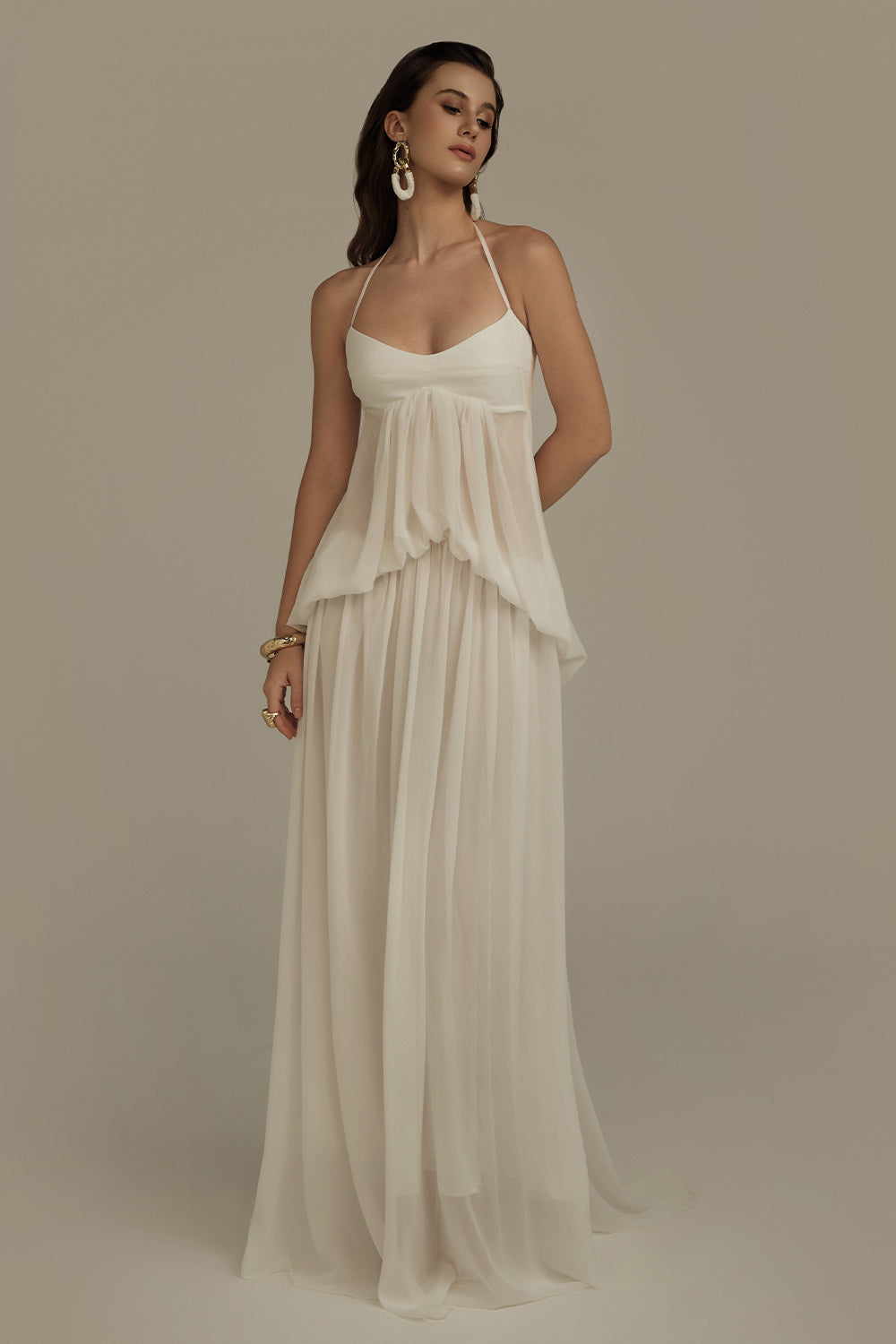Halcyon Blouson Sheer Chiffon Maxi Dress White / L