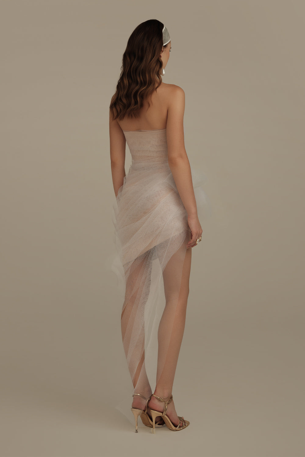 Elaris Asymmetric Draped Mesh Maxi Dress