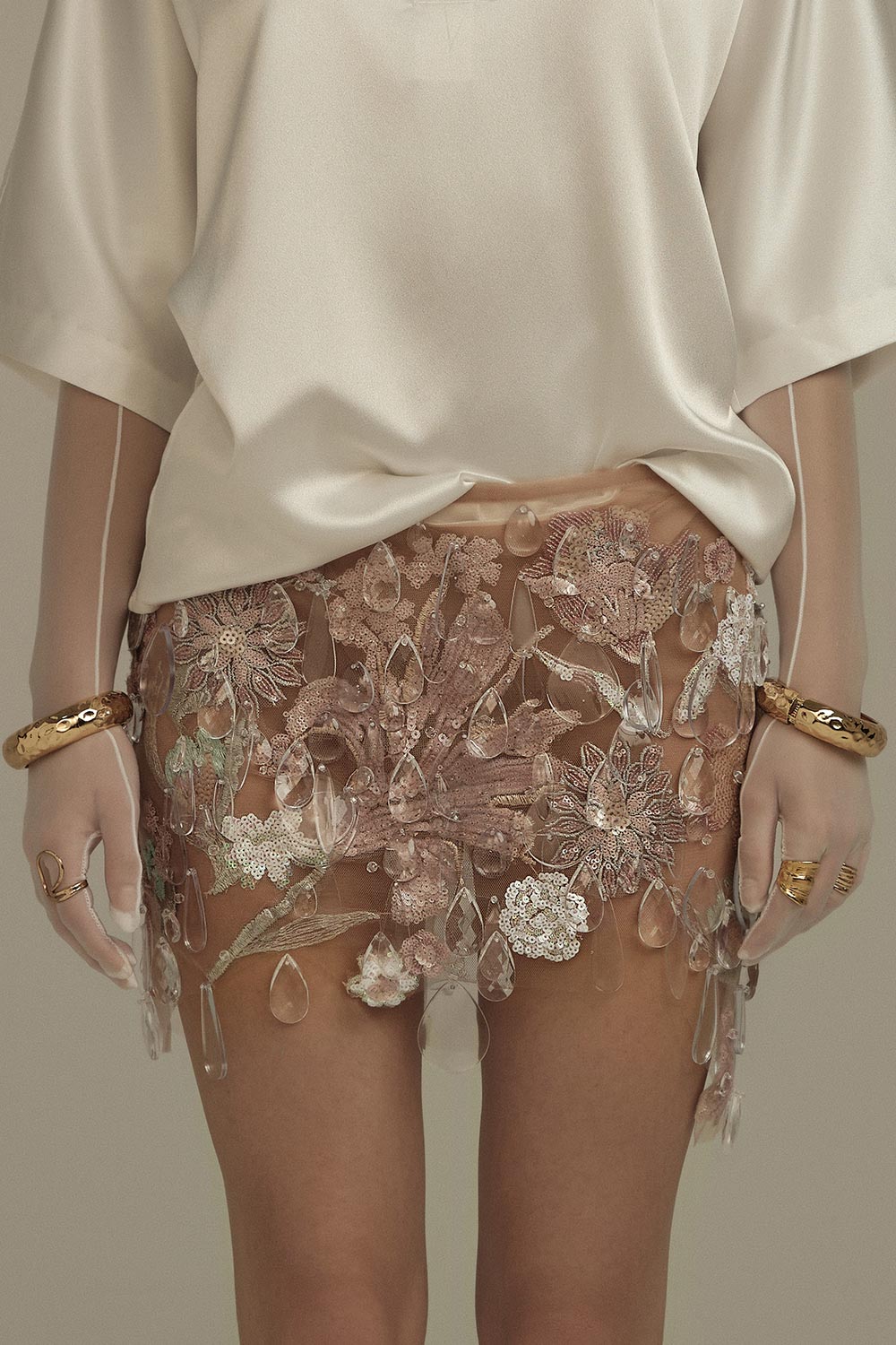 Amaranth Straight Embroidered Tulle Mini Skirt