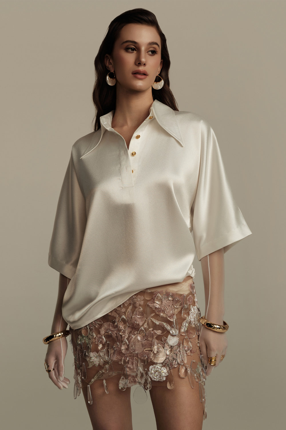 Amaranth Straight Middle Sleeved Silk Top