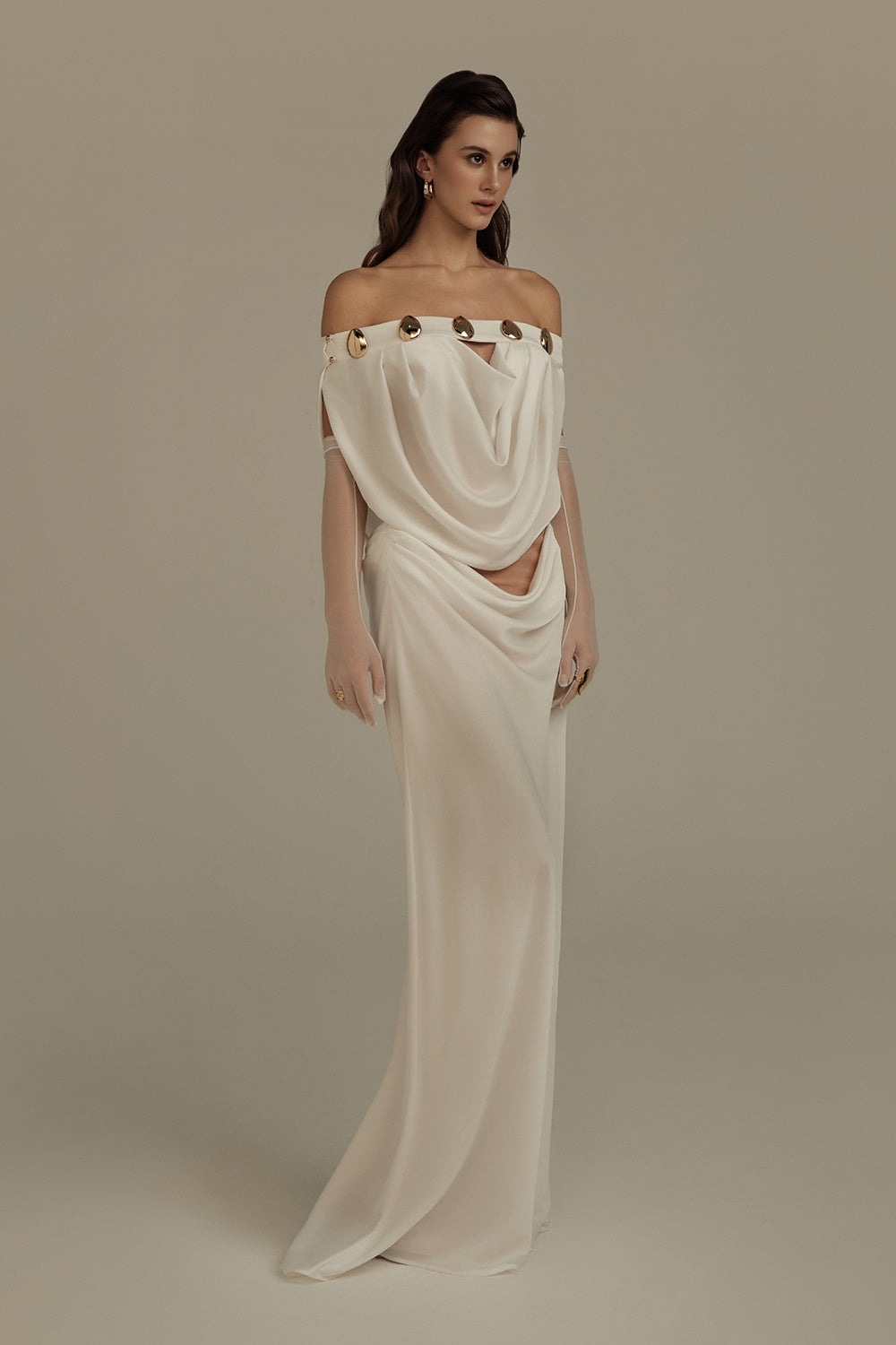off shoulder straight dress Women's Thalassa Straight Off-Shoulder Silk Maxi Dress S/M/L White MEAN BLVD White / M