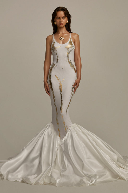 Callipygian Mermaid Scoop Neck Ribbed Taffeta Floor Length Dress