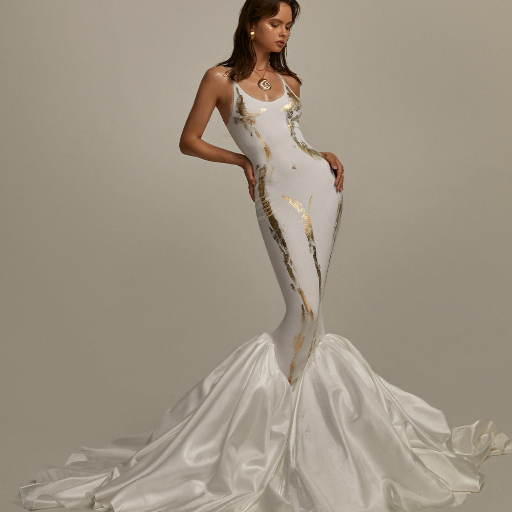 Callipygian Mermaid Scoop Neck Ribbed Taffeta Floor Length Dress