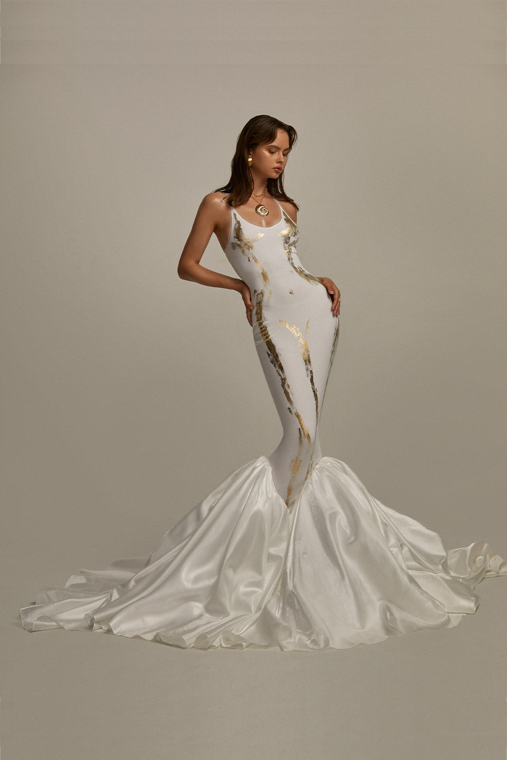 Callipygian Mermaid Scoop Neck Ribbed Taffeta Floor Length Dress