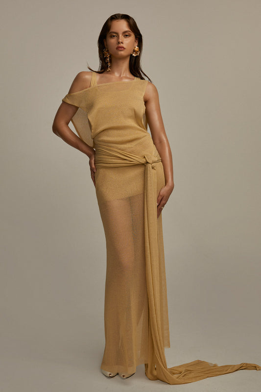 Lethophobia Asymmetric Extended Flap Tulle Maxi Dress