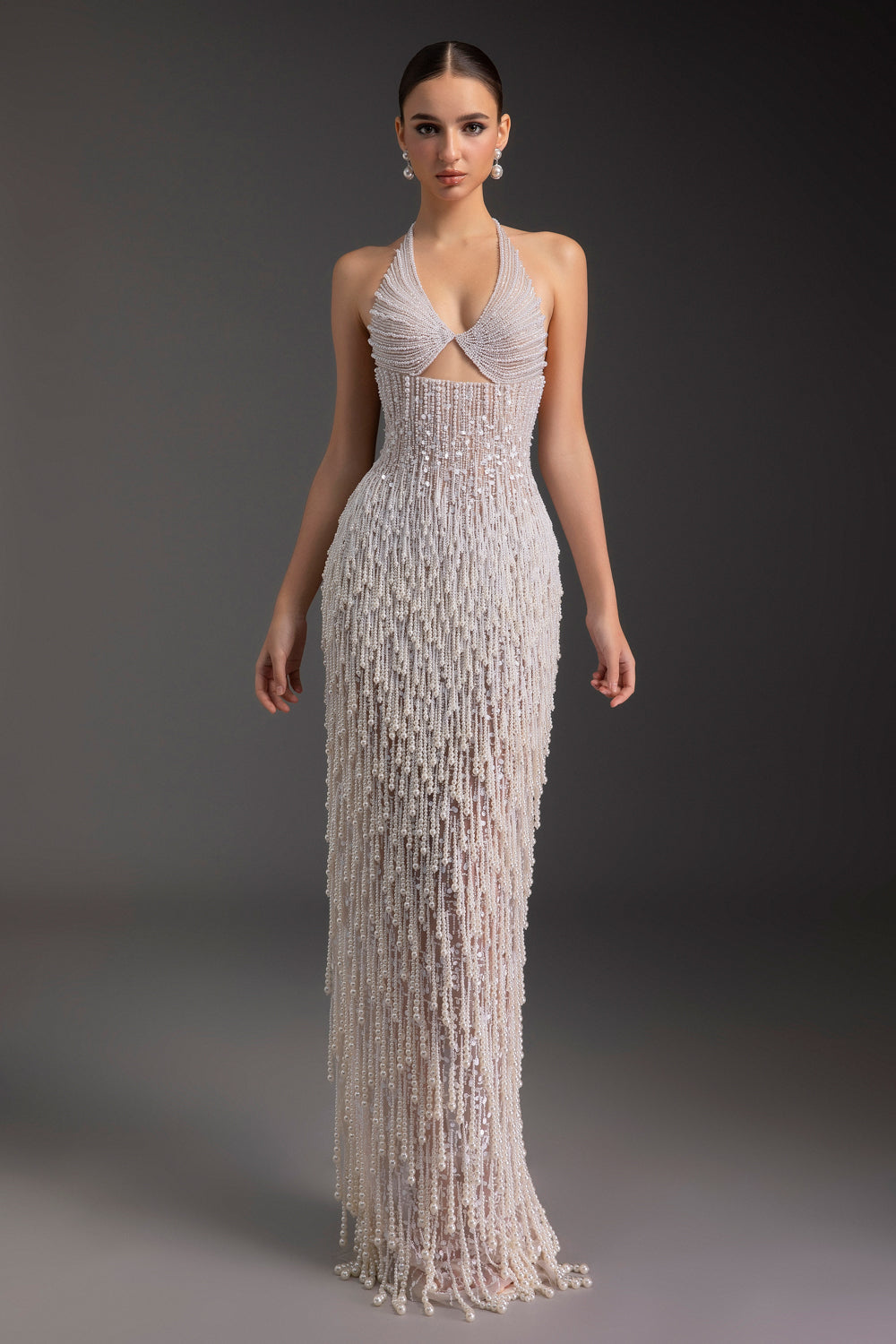 white beaded dress long Women's Pearl Halter Neck Bead Maxi Dress Customize White Swan MEAN BLVD